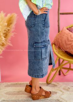 SHAPE YOUR STYLE JOURNEY IN THIS DENIM DELIGHT! Denim Wash High-Rise Cargo Skirt Functional Pockets w/out fringe (pink one has fringe details) 72% Cotton 24% Rayon 2% Spandex Measurements S: 28" Waist | 13" Length M: 30" Waist | 13" Length L: 32" Waist | 13" Length XL: 34" Waist | 13" Length 1XL: 36" Waist | 13" Length 2XL: 38" Waist | 14" Length 3XL: 40" Waist | 14" Length Model: Holly is wearing a Small; Shante is wearing a Large, Linda wears Medium and Heather a large Brand: White Birch White Birch, Cargo Skirt, Denim Wash, Denim Skirt, Final Sale, High Rise, Spandex, How To Wear