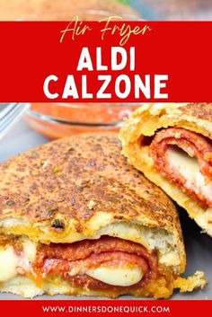 a close up of a sandwich on a plate with the words aldi calzonee