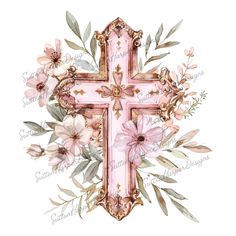 a cross with pink flowers and leaves on the front, surrounded by greenery in gold