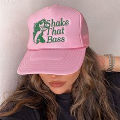 -Unisex Embroidered Shake That Bass Trucker -Baby Pink With Green Colored -One Size With Adjustable Snap-Back Pink Cap For Summer, Pink Cotton Baseball Cap For Summer, Pink Cotton Summer Baseball Cap, Cute Summer Baseball Cap With Short Brim, Pink Adjustable Trucker Hat For Summer, Trendy Embroidered Trucker Hat For Summer, Trendy Pink Baseball Cap For Summer, Playful Pink Summer Baseball Cap, Summer Embroidered Pink Hats