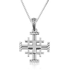 * Sterling silver Jerusalem cross pendant * Exquisite attention to every detail * The symbolism of the five-fold cross is variously given as the Five Wounds of Christ, Christ and the four evangelists, or Christ and the four quarters of the world * These flawlessly hand-made pendants are directly from the land Jesus was conceived, served and set out His life. * Engraved in English: Jerusalem * Designed by Marina Meiri; made in the Holy Land. * For God so loved the world, that he gave his only beg Symbolic Sterling Silver Cross Necklace, Silver Symbolic Cross Necklace, Symbolic Silver Cross Necklace, Sterling Silver Cross Necklace Hallmarked, Sterling Silver Cross Necklace, Hallmarked, Symbolic White Gold Cross Necklace, Engraved White Gold Cross Pendant Necklace, Silver Cross Necklace With Box Chain, Silver Cross Pendant Necklace With Box Chain