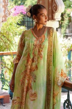 Green anarkali featuring floral mix printed motifs, pleated bodice and threadwork. Comes with matching palazzo and dupatta. - Aza Fashions Traditional V-neck Semi-stitched Salwar Kameez, Designer V-neck Sets With Printed Motifs, Designer V-neck Anarkali Set With Resham Embroidery, Anarkali Set With V-neck And Dupatta, Traditional V-neck Anarkali Set With Dupatta, V-neck Anarkali Set For Diwali, Festive Bollywood Anarkali Set With V-neck, Festive V-neck Georgette Blouse Piece, Unstitched Traditional Anarkali Set With V-neck