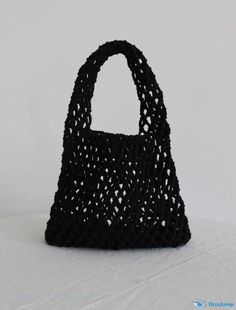 OrcaJump - Korean Ins Beach Bag Weaving Macaron Cotton Rope Handbag Hand-Dug Outdoor Trade Supply Straw Bag Black Square Crochet Bag For Shopping, Black Square Crochet Bag With Large Capacity, Black Crochet Bag With Removable Pouch For Travel, Black Bucket Bag For Vacation, Handmade Black Handheld Bag, Large Capacity Black Square Crochet Bag, Black Handheld Beach Bags, Black Handheld Beach Bag, Black Straw Beach Bag With Removable Pouch