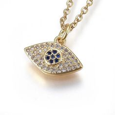 Chain Necklace with Cubic Zirconia Evil Eye Size: about 17.71"(45cm) long, 1.5mm wide; pendant: 13x14x2.5mm; chain extension: 50mm. The evil eye is a talisman that is meant to protect you from these evil spirits. When a person wears or carries an evil eye with them, it guards against misfortune happening in one's life. The evil eye brings good luck and protects you from any ill-will that could otherwise have a negative effect on your well-being or your life in general. Cubic Zirconia Pendant Charm Necklaces With Adjustable Chain, Evil Eye Pendant Jewelry For Good Luck, Black Evil Eye Spiritual Necklace, Spiritual Evil Eye Pendant Jewelry, Spiritual Evil Eye Metal Necklace, Spiritual Gold Eye-shaped Necklace, Good Luck Necklace, Evil Eye Pendant, Good Luck