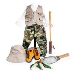 With this cute and versatile outfit, your doll is ready to take on an outdoors adventure! Enjoying a breezy summer or spring day, while catching fish, is just an imagination-trip away with this one-of-a-kind doll outfit. Authentically designed 18 inch doll fishing adventure set includes pants, shirt, vest, hat, and hiking boots. The fishing adventure accessory set includes a pole, 3 hand painted fish, bucket, and net. Intended for use with 18" American Girl dolls. Be ready for the BIG CATCH with American Girl Doll Costumes, Adventure Accessories, Adventure Outfit, Bride Dolls, Fishing Adventure, American Girl Clothes, Shirt Vest, Fishing Outfits, Versatile Outfits