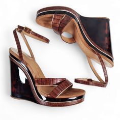 Ferragamo Lucite Statement Wedges Size 7.5 Faux Tortoise Ankle Strap High Heels Brown Patent Leather Sandals With Round Toe, Brown Patent Leather Round Toe Sandals, Chic Brown Patent Leather Sandals, Strap High Heels, Ankle Strap High Heels, Vintage 70s, Women's Shoes Sandals, Tortoise, Ankle Strap