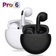 two airpods are shown in front of an apple logo and the words pro 6 above them