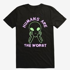 Let People Know How You Really Feel With This Tee, Depicting An Alien With Its Hands On Its Face, Framed By "Humans Are The Worst." 100% Cotton Wash Cold; Dry Low Imported Listed In Men's/Unisex Sizes Funny Black Crew Neck Shirt, Black Slogan Shirt In Grunge Style, Funny Black T-shirt With Logo Print, Funny Black Shirt For Streetwear, Funny Black Shirt With Screen Print, Alien Shirts, Alien Shirt, The Worst, You Really