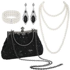 PRICES MAY VARY. Package Includes: you receive 1 elegantly designed bag, 1 exquisite necklace, 1 faux pearl bracelet, and 1 pair of charming earrings; These stunning pieces are ideal for adding a touch of glamour to any outfit, making you stand out on any occasion Quality Materials: our black evening bag is composed of quality materials including exquisite beads, shimmering sequins, and rhinestones; The bag is additionally lined with smooth satin enhancing its appearance and feel, while the meta Halloween Wedding Party, Chain Pearl Necklace, 1920s Accessories, Flapper Accessories, Beaded Clutch Purse, Pearl Jewelry Set, Flapper Costume, Black Evening Bag, Sequin Clutch