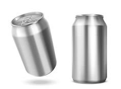 two aluminum cans with one empty and the other half full, on a white background