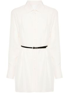 cream white silk satin finish front button fastening classic collar long sleeves buttoned cuffs embroidered logo at the sleeve pleat detailing detachable waist belt straight hem side slits Belted Long Sleeve Blouse For Work, Belted Blouse For Workwear, Elegant Belted Blouse For Work, Elegant Belted Blouse For Spring, Elegant Spring Belted Blouse, Givenchy Clothing, White Silk, Silk Shirt, Waist Belt