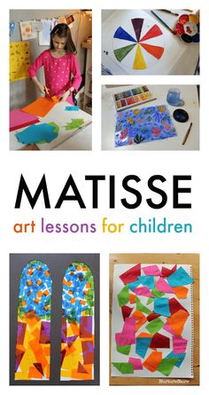 the cover of matissee art lessons for children, with pictures of different materials