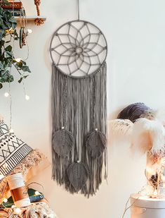 PRICES MAY VARY. Cotton MACRAME DREAM CATCHERS - Our handmade dream catcher is made of cotton threads, metal ring and soft tassels. Boho wall decor leaves and soft tassels make dreamcatcher look gorgeous wherever you hang it. DREAM CATCHER WALL DECOR - Decorate your bedroom, living room, nursery, office or anywhere you'd like to bring some bohemian art. The macrame leaf wall hanging will always be a focus piece in your home and add boho ambiance to rooms. BOHO WALL HANGING - Hanging the dream ca Bedroom Adult, Festival Crafts, Grey Macrame, Boho Chic Living Room, Nice Dream, Macrame Dream Catcher, Ornament Craft, Large Dream Catcher, Leaf Ornament