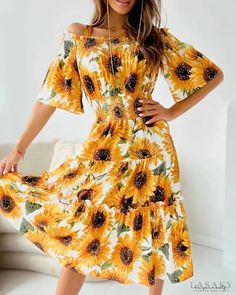 Lasaky - Ruched Off-the-Shoulder Swing Dress In Sunflower Print Yellow Off-shoulder Midi Dress For Brunch, Yellow Off-shoulder Summer Dress, Off-shoulder Floral Print Sundress, Floral Print Off-shoulder Sundress, Casual Off-shoulder Floral Print Dress, Flowy Floral Print Off Shoulder Dress For Brunch, Flowy Floral Off Shoulder Dress For Brunch, Flowy Off Shoulder Floral Dress For Brunch, Yellow Off-shoulder Maxi Dress For Summer