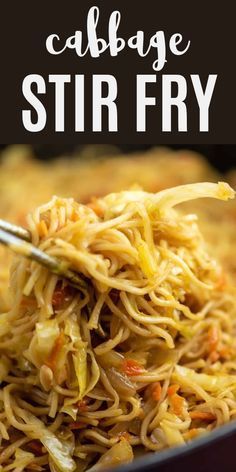 a close up of food in a pan with the words cabbage stir fry