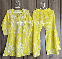 Palazzo and kurta set for girls on soft printed pure cotton. Casual Cotton Sets With Chikankari Embroidery, Casual Cotton Chikankari Embroidery Sets, Spring Cotton Block Print Sets, Yellow Cotton Sets With Printed Motifs, Yellow Cotton Matching Set, Yellow Cotton Block Print Sets, Cotton Printed Sets For Festivals, Casual Cotton Sets With Printed Motifs, Yellow Printed Cotton Kurta