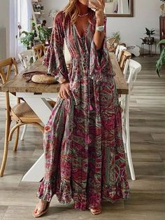 Women's Bohemian Dress V-neck Floral Printed Puff Long Sleeve Boho Beach Dress Elegant Summer Outfits, Boho Beach Dress, Cheap Clothing, Puff Long Sleeves, Boho Beach, Dress For Sale, Bohemian Dress, Cheap Clothes, Beach Dress