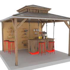 an outdoor bar with stools and tables in front of the counter area, under a wooden structure