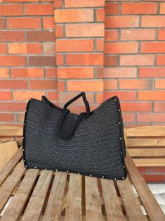 Crochet Raffia Black Tote Bag Straw Summer Beach Woven - Etsy Beach Woven Hobo Bag With Top Handle, Beach Woven Top Handle Hobo Bag, Woven Top Handle Hobo Bag For Beach, Trendy Square Satchel For Beach, Large Capacity Tote Satchel For Beach, Chic Large Capacity Bags For Vacation, Rectangular Beach Shoulder Bag With Handles, Beach Hobo Bag With Double Handles, Summer Beach Satchel With Double Handle