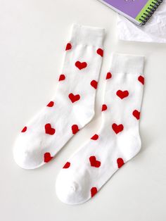 Multicolor  Collar  Knitted Fabric   Embellished   Women Socks & Hosiery Cute Red Socks, Red Heart Socks, Kawaii Ankle Socks, Heart Pattern Socks, Heart Socks, Funky Socks, Women Crew Socks, Pink Room, Unique Outfits