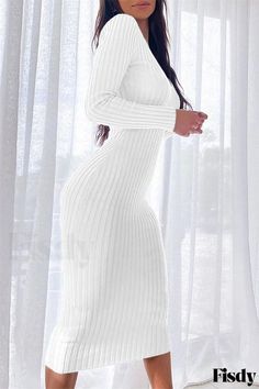 Fisdy - Elegante Vestido de Manga Larga con Cuello en V Sólido Carmesí - A la Moda y Seductor Ribbed Maxi Dress, Vogue Dress, Long Bodycon Dress, Pencil Skirt Dress, Long Sleeve Dresses, Long Sleeve Knit Dress, Ribbed Knit Dress, Basic Dress, Maxi Knit Dress