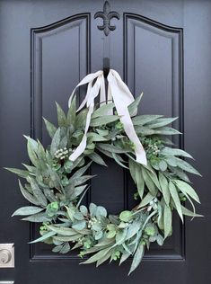 Farmhouse Bay Leaf and Eucalyptus Wreath - TwoInspireYou Wreaths For Front Door Summer, Spring Front Porch Decor, Summer Wreaths For Front Door, Spring Wreaths For Front Door, Wreath Hangers, Summer Front Door Wreath, Artificial Foliage, Wreath Hanger, Eucalyptus Wreath