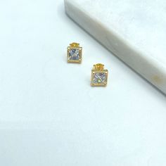 18k Gold Filled Clear Cubic Zirconia Square Shape Stud Earrings, Solitaire Square Zirconia Earrings.- Earrings Size:Width: 8mm | Thickness: 3mm Zirconia Earrings, Square Shape, Gold Filled, Cubic Zirconia, 18k Gold, Stud Earrings, Square, Gold