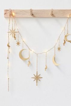 Celestial Moon and Star Garland with String Lighting - Ariana Ost Celestial Room, String Lighting, Laser Cut Patterns, Star Garland, Decoration Piece, Moon And Star, Brass Charms, Dream House Decor, Kitchen Home