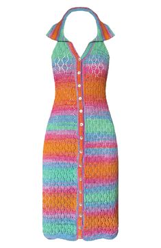 Enjoy a day of shopping or relax at the cabana in this cover-up halter dress crafted from an openwork crochet with asymmetric, multicolored stripes. Front button closure Halter neck Sleeveless 50% cotton, 50% viscose Hand wash, dry flat Made in Peru Hispanic & Latinx Owned/Founded Funky Dresses Fashion, Summer Dress Patterns Free, Summer Dresses Tutorial, Organza Fashion, Princess Era, Summer Dresses Uk, Multicolor Crochet, Crochet Summer Dresses, Summer Dress Patterns