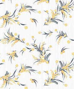 yellow flowers and leaves on white fabric with gold dots in the background, seamlessly