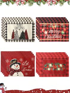 four christmas napkins with snowmen and trees on them in red, white and green