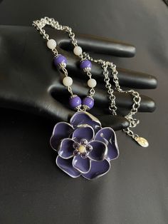 Pretty Robert Rose Purple Enameled Flower Necklace.20 inch chain, 1-1/4 wide flower. Flower Charm Enamel Necklace, Floral Enamel Necklace With Flower Charm, Enamel Flower Charm Necklace, Elegant Enamel Necklace With Chain, Rose Purple, Crystal Cross, Sterling Necklaces, Gold Wash, Enamel Flower