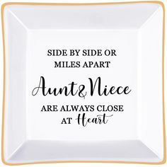 PRICES MAY VARY. [Best Aunt Ever Gifts] These personalized gifts for aunt are designed in the shape of a square, printed with some warm words“SIDE BY SIDE OR MILES APART Aunt& Niece ARE ALWAYS CLOSE AT Heart”一surprise your aunt with this sentimental gift, expressing your sincere love and thanks to your aunt. [Multi-use Jewelry Dish]- Leave the jewelry dish on the dresser, sink, desk, or nightstand to place the rings, necklaces, bracelets, earrings, keys, watches, and other jewelry pieces without Dresser Sink, Aunt Niece, Gift For Aunt, Niece Gifts, Christmas Wedding Gifts, Gifts For Aunt, Miles Apart, Best Aunt, Mother Birthday