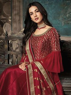 Red Rouge Golden Embroidered Designer Silk Anarkali Suit – Hatkay.com Silk Anarkali Suits, Silk Anarkali, Designer Anarkali Suits, Lehenga Suit, Bollywood Outfits, Designer Anarkali, Indian Wedding Wear, Anarkali Gown, Salwar Kameez Designs