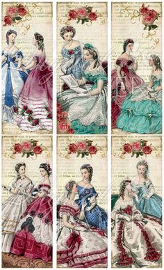 four different pictures of women in dresses with roses on the bottom and one woman wearing a dress