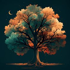 a painting of a tree with the moon in the background