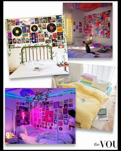 four different pictures of a bedroom with various things on the wall and in the bed