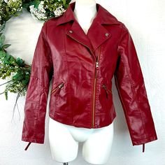 Tanming Red Burgundy Full Zip Faux Vegan Leather Jacket Size Med New With Tags Size Medium Approximate Measurements Flat Shoulders Seam To Seam 16” Pit To Pit 19” Length 18” Sleeve Length 17.5 New With Tags No Defects. Smoke Free Environment Posh 77 Red Winter Outerwear With Zipper Closure, Red Winter Outerwear With Zipper, Red Leather Jacket For Winter, Red Leather Jacket With Long Sleeves For Winter, Red Long Sleeve Leather Jacket For Winter, Burgundy Leather Jacket With Zipper For Winter, Red Long Sleeve Biker Jacket For Winter, Fall Burgundy Leather Jacket With Zipper Closure, Burgundy Leather Jacket With Zipper For Fall