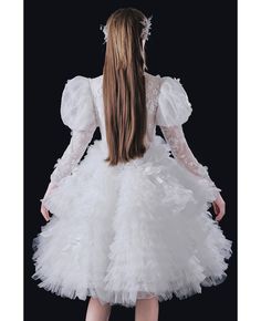 Buy vogue puffy ruffled tulle knee length wedding dress with bubble sleeves at wholesale price online. Free shipping and pro custom service since 2009. Long Sleeve Princess Dress With Ruffles For Wedding, Long Sleeve Wedding Princess Dress With Ruffles, Wedding Princess Dress With Tulle And Ruffles, Organza Puff Sleeve Wedding Dress, Princess Style Fitted Wedding Dress With Ruffles, White Princess Dress With Ruffles In Organza, White Organza Princess Dress With Ruffles, Elegant Puff Sleeve Princess Dress For Wedding, White Ruffled Ball Gown For First Communion