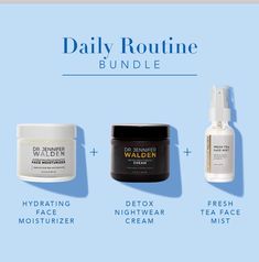 Dr. Jennifer Walden has got you covered with the ALL NEW Daily Routine Bundle consisting of: Hydrating Face MoisturizerDetox Nightwear Cream& Citrus Stem Cell Serum Save $15 when you bundle up on these products. Hydrating Face Moisturizer This daily lightweight Hydrating Face Moisturizer is a non-greasy, quick-absorbing cream that improves the appearance of customer’s skin for a supple, healthier-look. Dewy, plump, and youthful skin is now officially within reach with Dr Jennifer Walden’s signat Hydrating Face Moisturizer, Fresh Tea, Skincare Supplements, Skin Detox, Enlarged Pores, Facial Moisturizers, Face Hydration, Face Mist, Youthful Skin