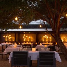 an outdoor dining area is lit up with candles and white tablecloths, surrounded by trees