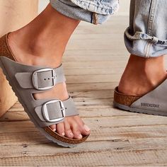 Classic Two-Strap Style Birkenstock Featuring Large Statement Buckles And A Distressed Look. Genuine Leather Straps Are Featured With Comfortable, Lightweight Sole. Casual Slip-on Footbed Sandals With Heel Loop, Flat Heel Sandals With Cushioned Footbed, Birkenstock Sandals, Birkenstock, Women's Shoes Sandals, Shoes Sandals, Arizona, Leather Straps, Genuine Leather