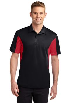 Sport-Tek Side Blocked Micropique Sport-Wick Polo. Smooth, snag-resistant and moisture-wicking micropique with colorblock panels. 3.8-ounce, 100% polyester tricot Snag-resistant Moisture-wicking Double-needle stitching throughout Tag-free label Taped neck 3-button placket with dyed-to-match rubber buttons Colorblocking at panels on sides, sleeves and back collar Set-in, open hem sleeves Side vents *Due to the nature of 100% polyester performance fabrics, special care must be taken throughout... Sport Fabric, Work Wear Women, Mens Big And Tall, Big And Tall, Zip Sweatshirt, Mens Polo Shirts, Embroidery Projects