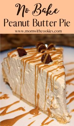 no bake peanut butter pie on a white plate with caramel drizzle