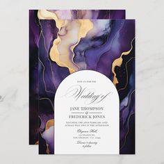 an elegant wedding card with gold and purple marble