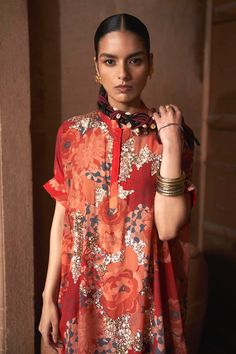 Red straight kurta with Moroccan floral prints and sequin embroidery. Paired with a floral print pant. - Aza Fashions Festive Silk Kurta With Digital Print, Traditional Palazzo Set With Digital Print For Festive Occasions, Traditional Festive Digital Print Palazzo Set, Red Dupatta With Printed Motifs For Transitional Season, Red Traditional Wear With Printed Motifs For Transitional Season, Red Silk Dupatta With Printed Motifs, Bohemian Red Blouse For Eid, Festive Palazzo Set With Digital Print And Traditional Drape, Traditional Festive Blouse With Digital Print