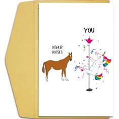 a greeting card with an image of a horse and a unicorn standing next to a post