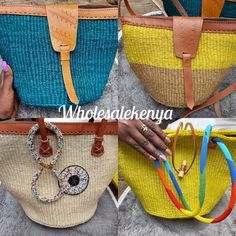 4 Sisal leather bags. First and second is a crossbody bag made from pure leather and sisal. The sling is adjustable to your height hence anyone can carry it. The third one is a sisal handbag that has some beaded decorations and comes with 2 bracelets. Lastly is also a sisal handbag made from sisal and yellow in colour. It has some beaded holders which makes it really beautiful. This set of 4 fits all your different occasions and can be a perfect gift to your loved ones. Shipping is via DHL EXPRE Leather Mobile Phone Pouch For Shopping, Brown Top Handle Pouch For Shopping, Shopping Bucket Satchel With Mobile Phone Bag, Leather Bucket Box Bag With Handles, Leather Mobile Phone Bag For Shopping, Rectangular Leather Pouch For Shopping, Leather Tote Mobile Phone Bag, Leather Mobile Phone Tote Bag, Daily Use Bucket Box Bag With Leather Handles