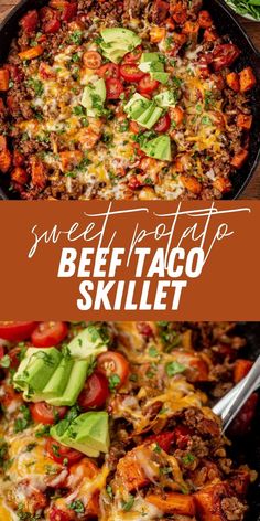 sweet potato beef taco skillet topped with avocado and tomato Beef Taco Skillet, Protein Dinner Recipes, Taco Skillet, Healthy Taco, Sweet Potato Tacos, Healthy Ground Beef, Ground Beef Recipes Healthy