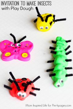 four little bugs made out of play dough with the words, how to make insects with play dough